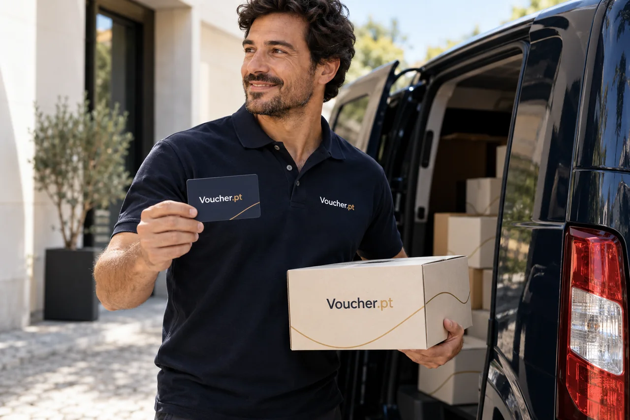 Aplicação conceptual de Voucher.pt em materiais de cartões-presente e vouchers digitais, com pessoas adultas.