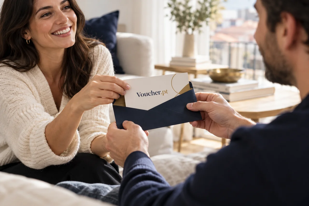 Conceito de cartão-presente Voucher.pt entregue entre duas pessoas adultas.