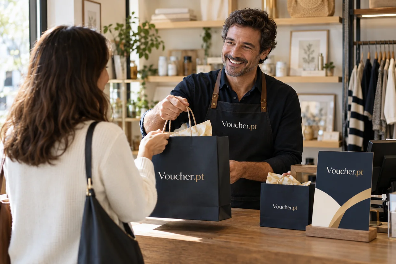 Aplicação conceptual de Voucher.pt em materiais de cupões de desconto e promoções, com pessoas adultas.