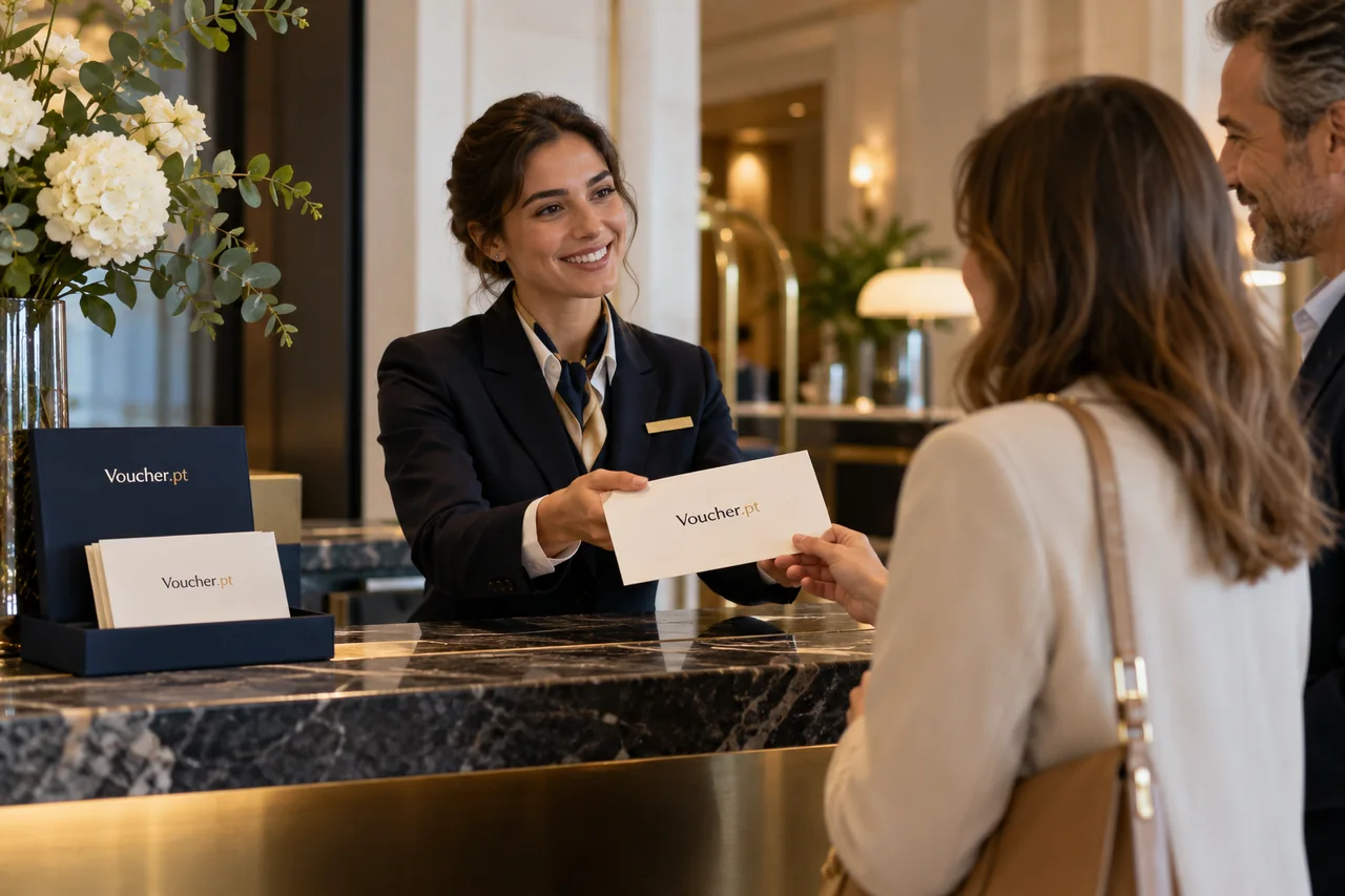 Aplicação conceptual de Voucher.pt em materiais de turismo e hotelaria, com pessoas adultas.