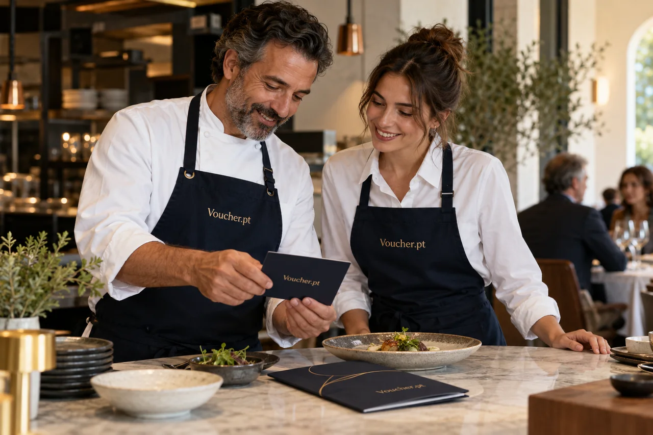 Aplicação conceptual de Voucher.pt em materiais de restauração e gastronomia, com pessoas adultas.