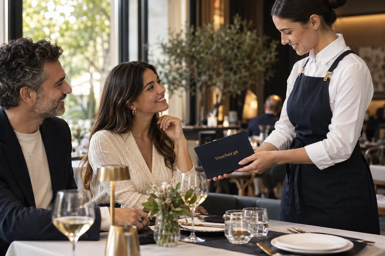 Conceito de experiência gastronómica com cartão e avental Voucher.pt.