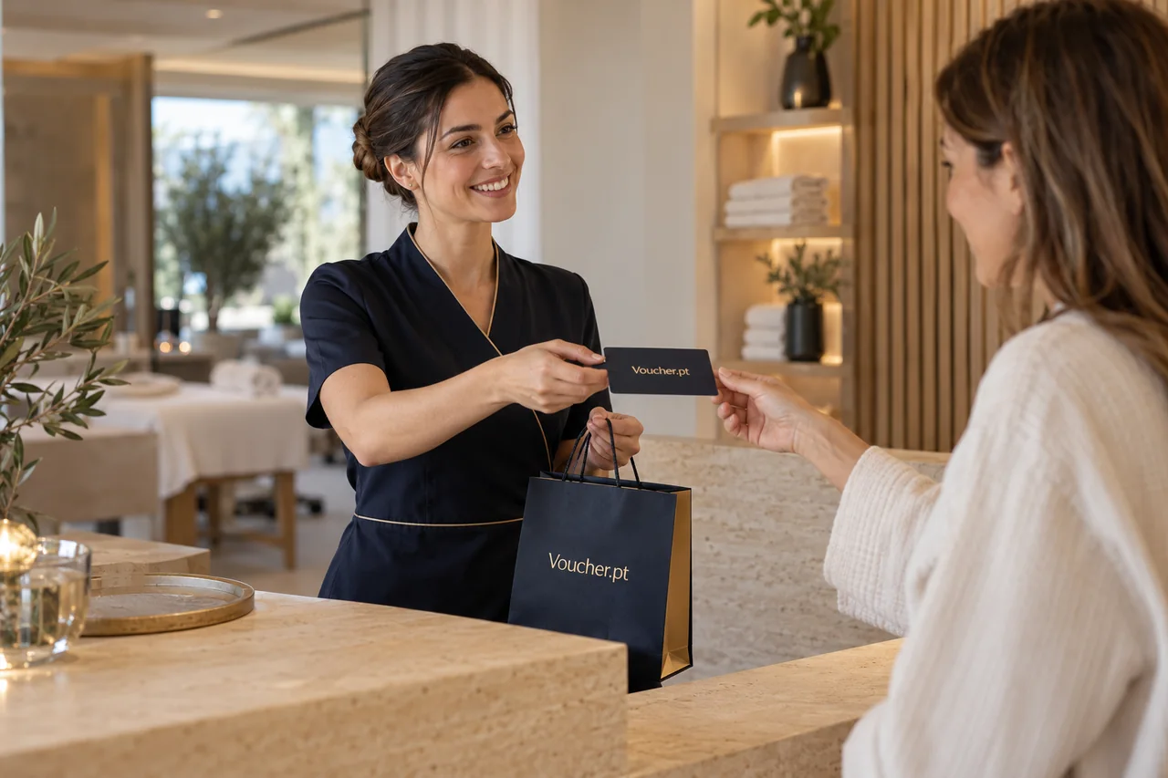 Aplicação conceptual de Voucher.pt em materiais de bem-estar e beleza, com pessoas adultas.