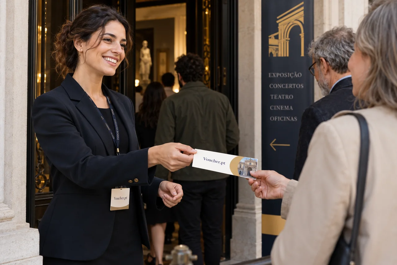 Aplicação conceptual de Voucher.pt em materiais de cultura e entretenimento, com pessoas adultas.