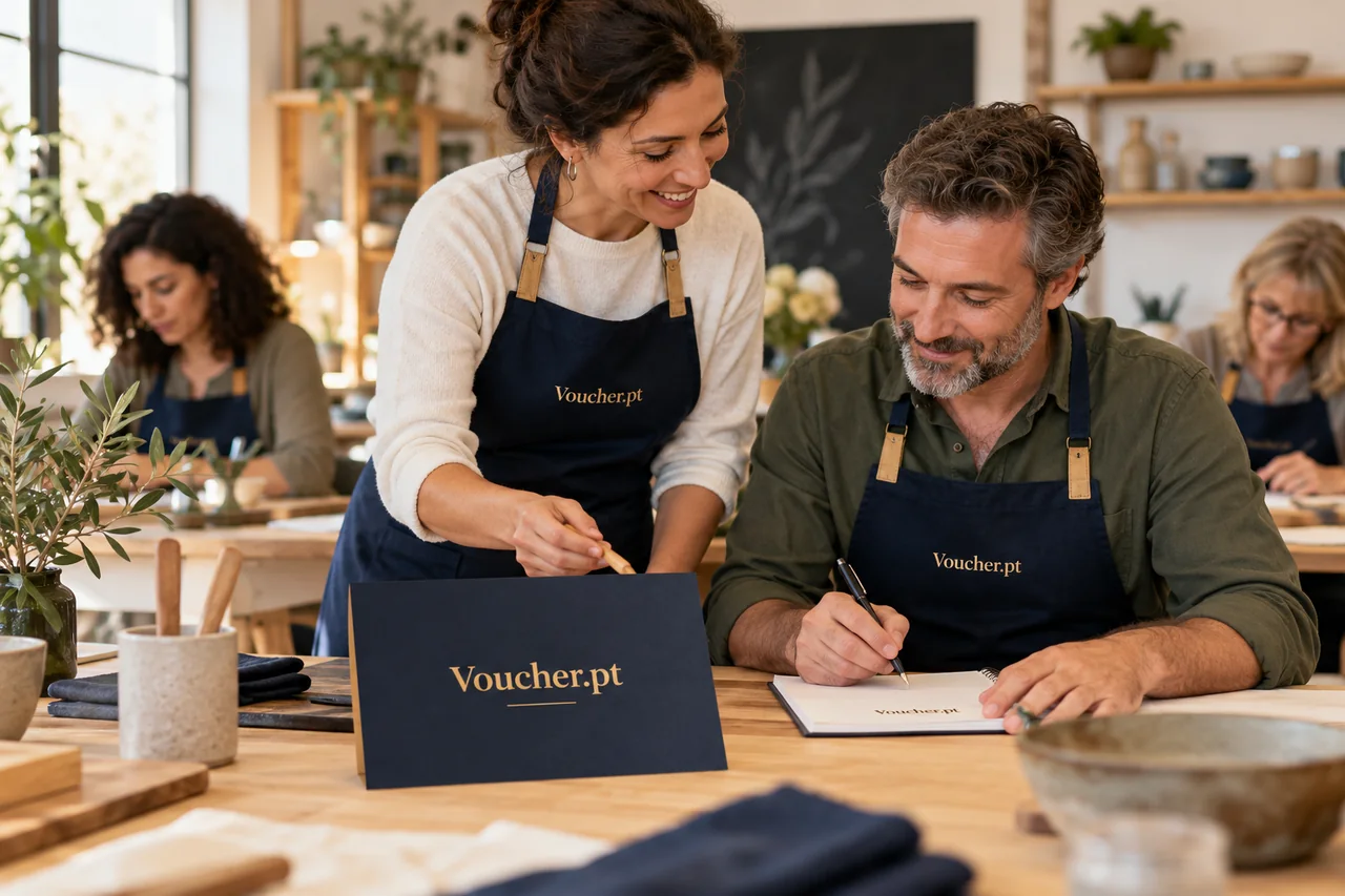 Aplicação conceptual de Voucher.pt em materiais de formação e educação, com pessoas adultas.