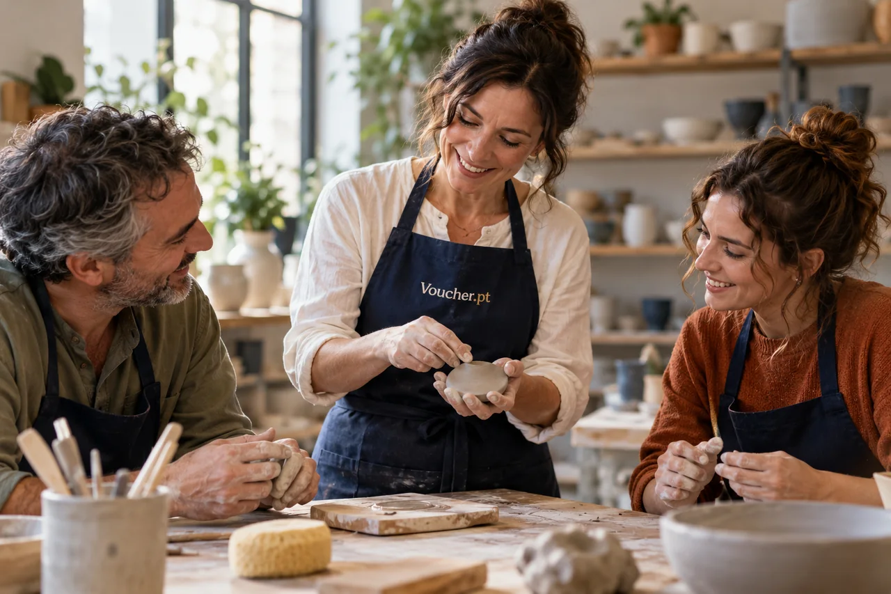 Conceito de workshop para adultos com materiais de formação Voucher.pt.