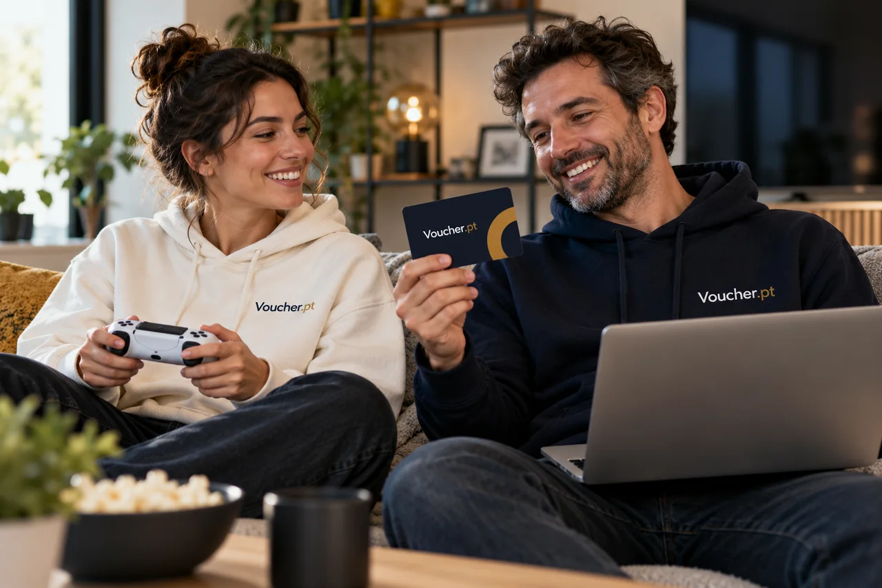 Aplicação conceptual de Voucher.pt em materiais de jogos e subscrições digitais, com pessoas adultas.