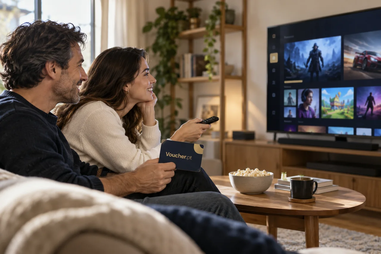 Conceito de cartões digitais de jogos e subscrições Voucher.pt com utilizadores adultos.