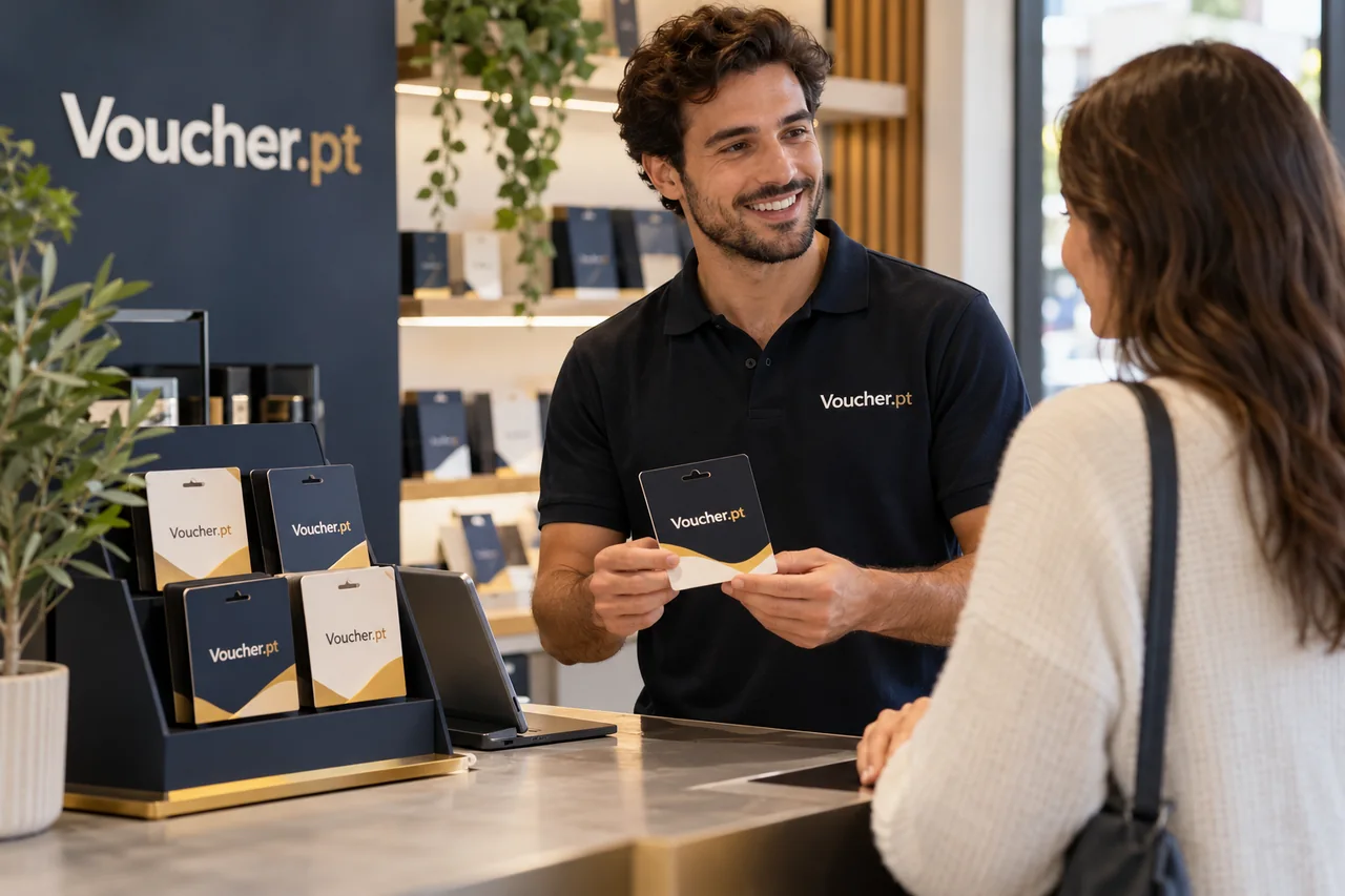 Aplicação conceptual de Voucher.pt em materiais de carregamentos e produtos pré-pagos, com pessoas adultas.