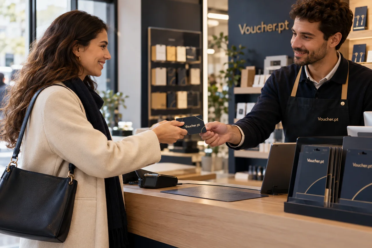 Conceito de serviço pré-pago Voucher.pt demonstrado ao balcão.