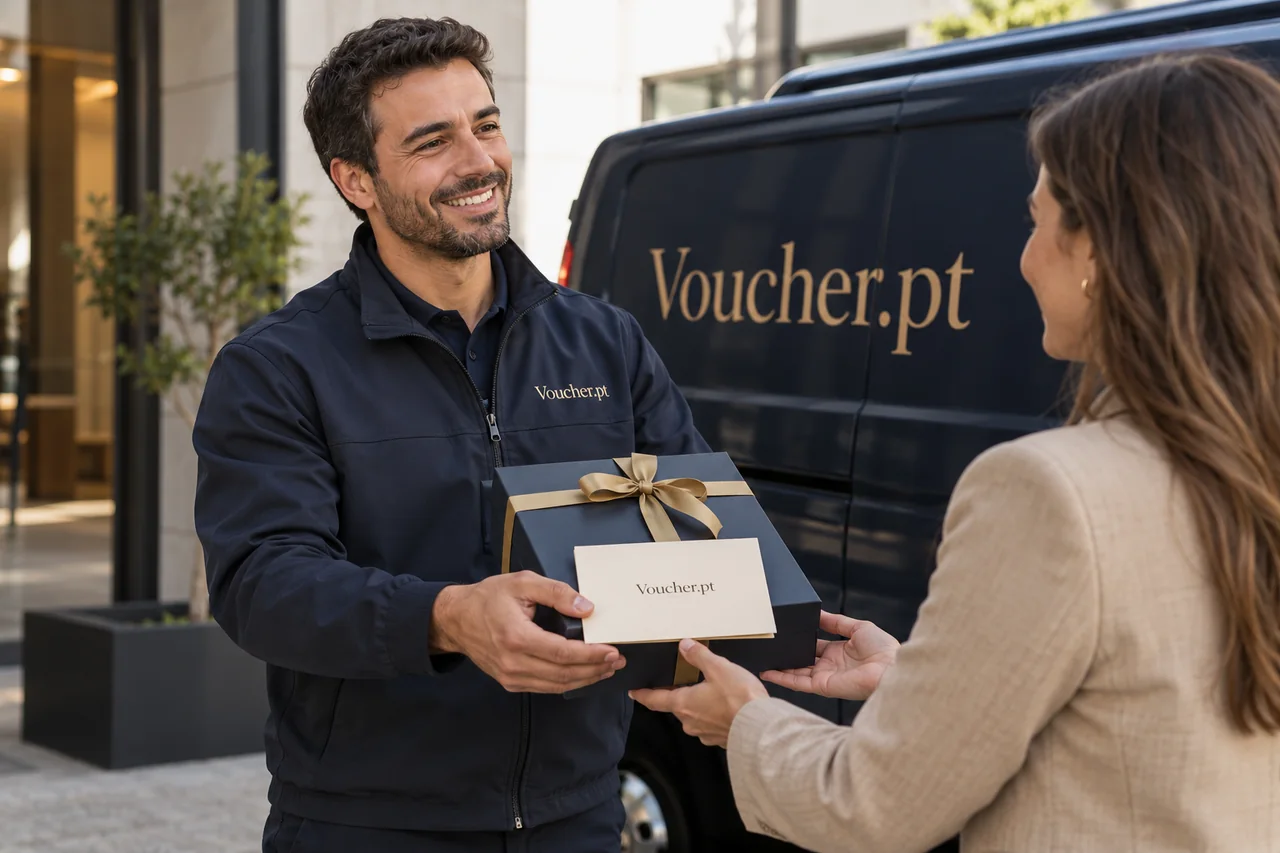 Aplicação conceptual de Voucher.pt em materiais de presentes empresariais, com pessoas adultas.