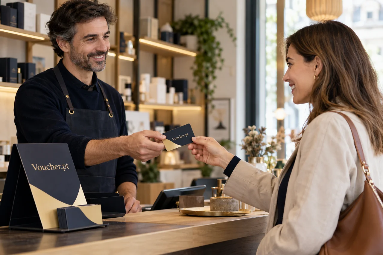 Aplicação conceptual de Voucher.pt em materiais de fidelização de clientes, com pessoas adultas.