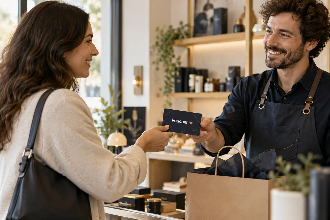 Conceito de programa de fidelização Voucher.pt apresentado a um cliente adulto.