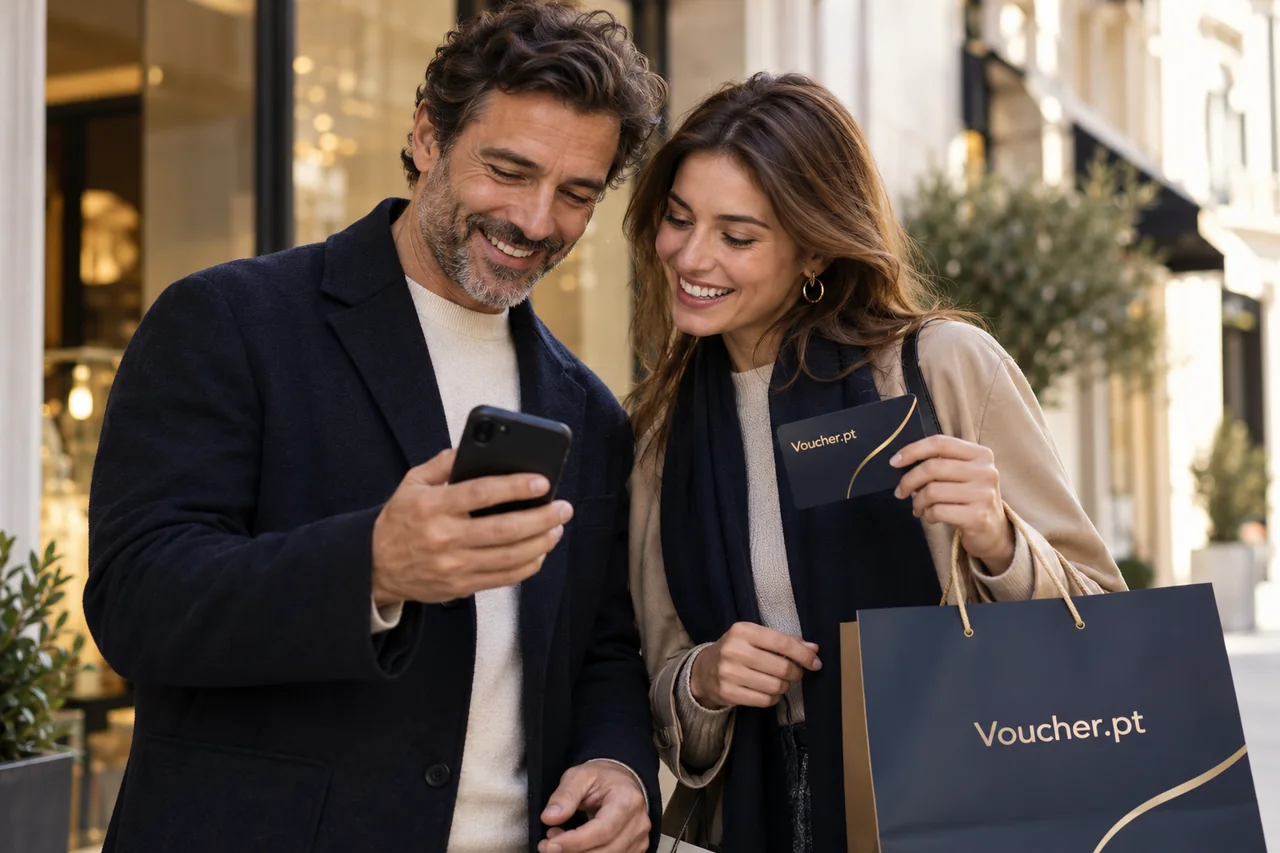 Aplicação conceptual de Voucher.pt em materiais de cashback e recompensas por compras, com pessoas adultas.