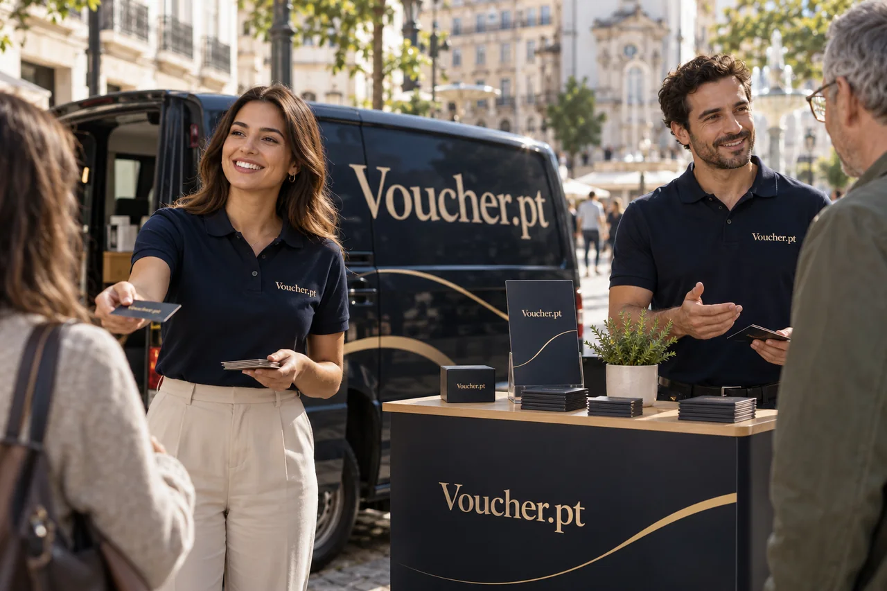 Aplicação conceptual de Voucher.pt em materiais de marketing promocional, com pessoas adultas.