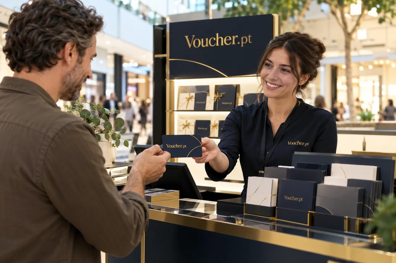 Aplicação conceptual de Voucher.pt em materiais de cartões-presente multiloja, com pessoas adultas.