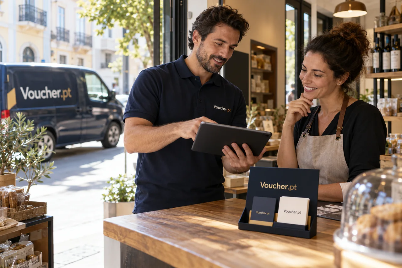 Aplicação conceptual de Voucher.pt em materiais de software de gestão de vouchers para comerciantes, com pessoas adultas.