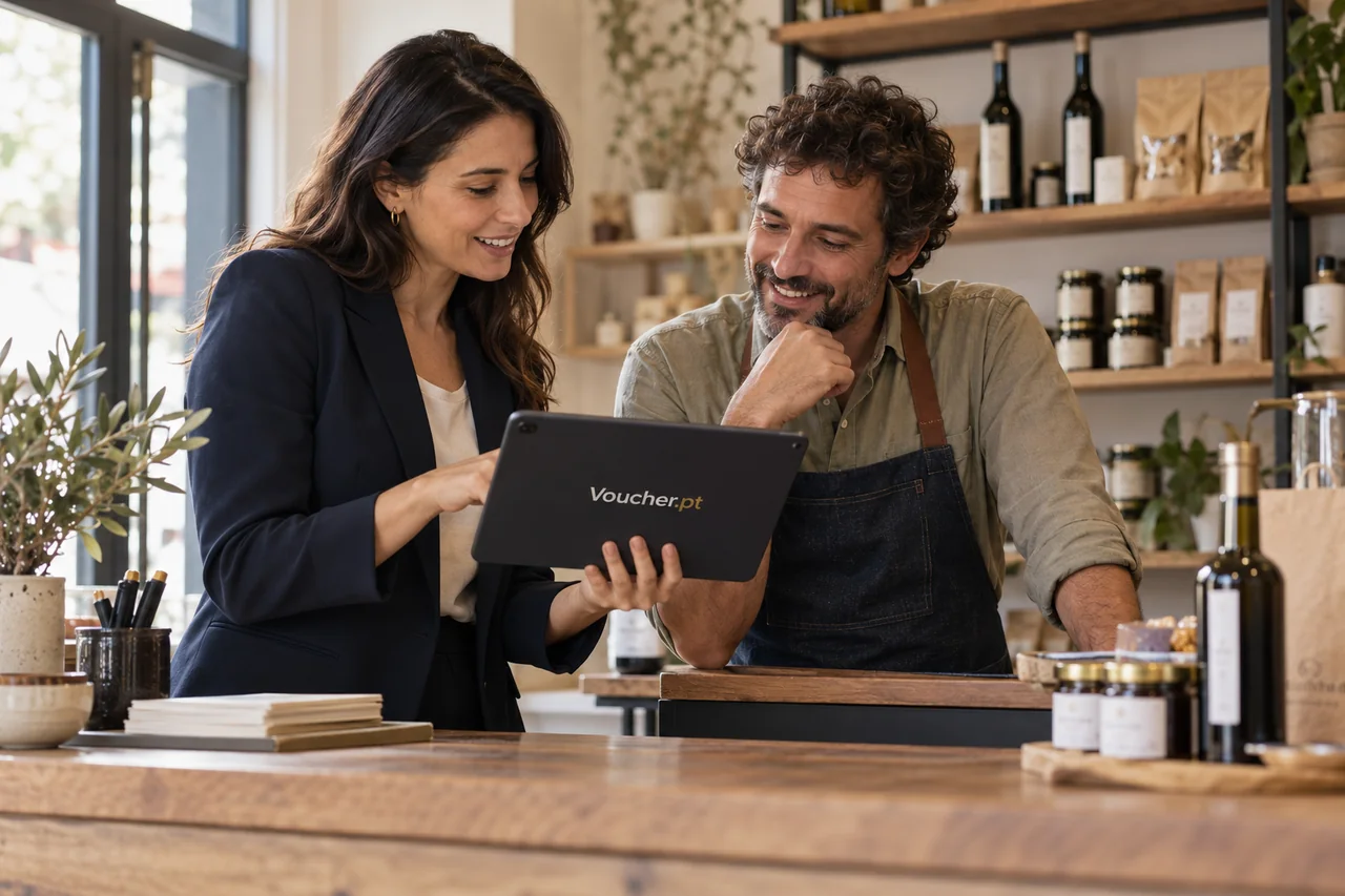 Conceito de software Voucher.pt demonstrado por uma técnica a um comerciante.