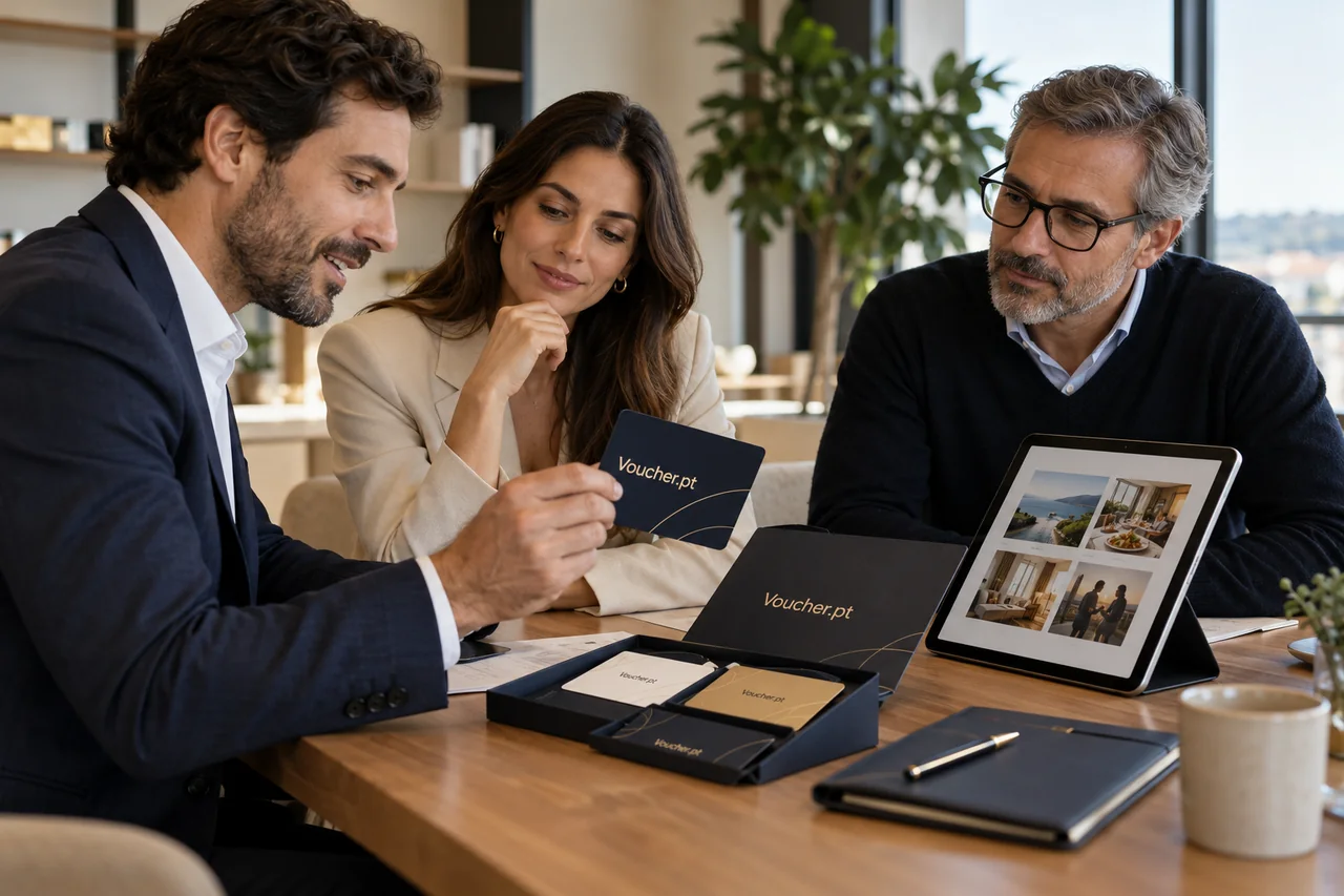 Aplicação conceptual de Voucher.pt em materiais de distribuição de vouchers entre empresas, com pessoas adultas.