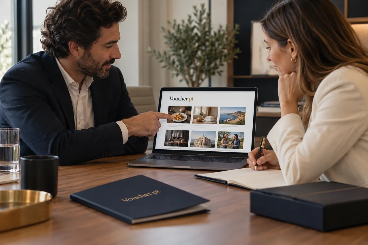 Conceito de distribuição empresarial de vouchers apresentado com a marca Voucher.pt.