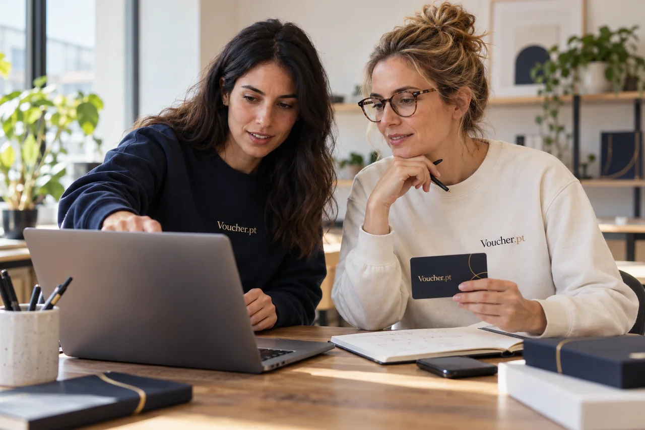 Aplicação conceptual de Voucher.pt em materiais de integração de vouchers em aplicações e lojas online, com pessoas adultas.